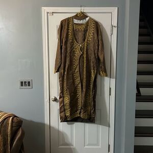 Women's Kirat Brown/‎ Green Special Occasion Dress, Coat, and Headpiece.